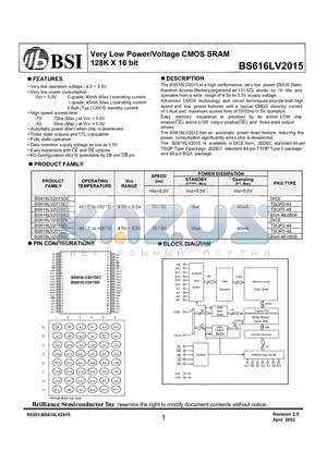 BS616LV2015AI datasheet - Very Low Power/Voltage CMOS SRAM 128K X 16 bit