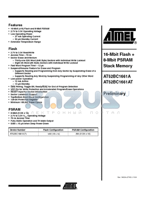 AT52BC1661AT datasheet - 16-Mbit Flash 8-Mbit PSRAM Stack Memory