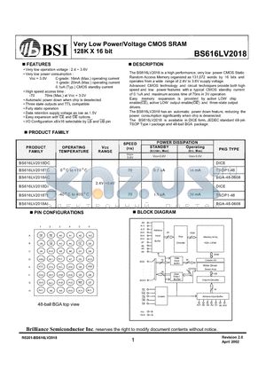 BS616LV2018 datasheet - Very Low Power/Voltage CMOS SRAM 128K X 16 bit