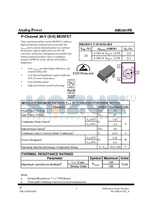 AM2301PE datasheet - P-Channel 20-V (D-S) MOSFET