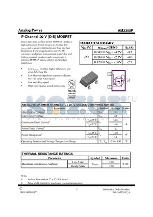 AM2305P datasheet - P-Channel 20-V (D-S) MOSFET