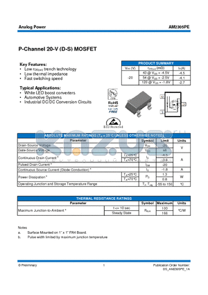 AM2305PE datasheet - P-Channel 20-V (D-S) MOSFET
