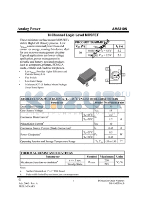 AM2310N datasheet - N-Channel Logic Level MOSFET