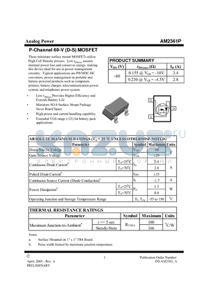 AM2361P datasheet - P-Channel 60-V (D-S) MOSFET