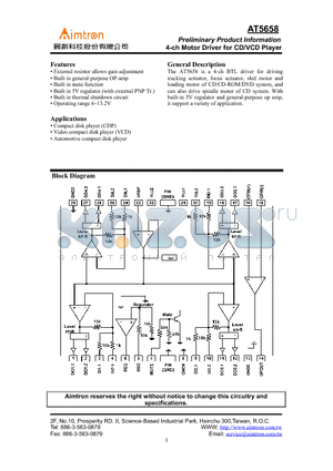 AT5658H datasheet - 4-ch Motor Driver for CD/VCD Player