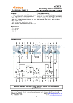 AT5659 datasheet - 5-CH MOTOR DRIVER FOR DC/VCD PLAYER