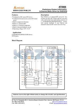 AT5668 datasheet - 5-Channel Motor Driver for DVD/VCD