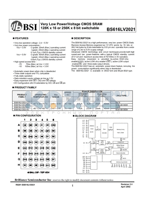 BS616LV2021AI datasheet - Very Low Power/Voltage CMOS SRAM 128K x 16 or 256K x 8 bit switchable