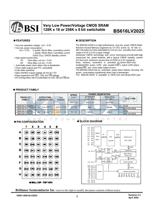 BS616LV2025 datasheet - Very Low Power/Voltage CMOS SRAM 128K x 16 or 256K x 8 bit switchable