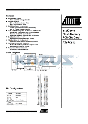 AT5FC512 datasheet - 512K byte Flash Memory PCMCIA Card