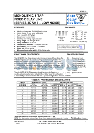 3D7215 datasheet - MONOLITHIC 5-TAP FIXED DELAY LINE (SERIES 3D7215 - LOW NOISE)