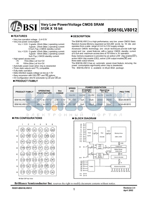 BS616LV8012 datasheet - Very Low Power/Voltage CMOS SRAM 512K X 16 bit