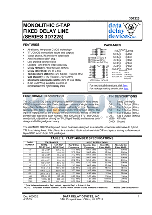 3D7225K-100 datasheet - MONOLITHIC 5-TAP FIXED DELAY LINE (SERIES 3D7225)