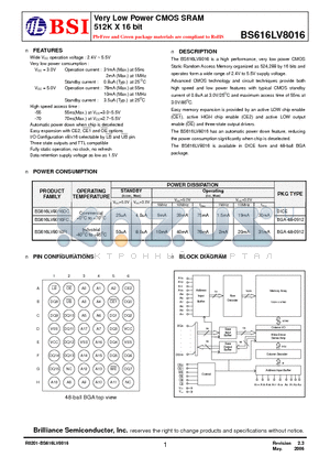 BS616LV8016 datasheet - Very Low Power CMOS SRAM 512K X 16 bit