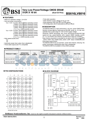 BS616LV8016FIP55 datasheet - Very Low Power/Voltage CMOS SRAM 512K X 16 bit