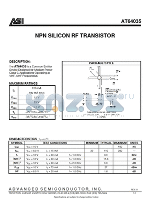 AT64035 datasheet - NPN SILICON RF TRANSISTOR