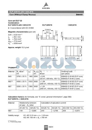 B66455-P-X187 datasheet - ELP 22/6/16 with I 22/2,5/16 Core (Without Clamp Recess)