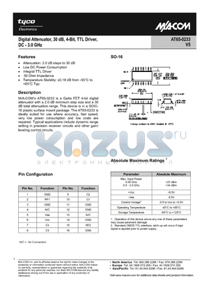 AT65-0233-TB datasheet - Digital Attenuator 30dB, 4-Bit, TTL Driver, DC-3.0 GHz