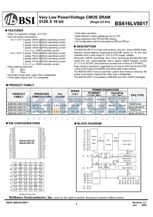 BS616LV8017EI datasheet - Very Low Power/Voltage CMOS SRAM 512K X 16 bit