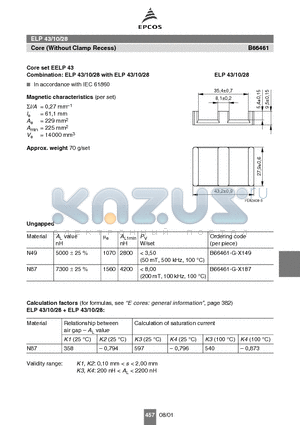 B66461 datasheet - ELP 43/10/28 Core (Without Clamp Recess)