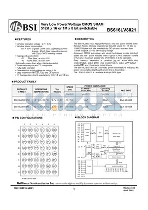 BS616LV8021 datasheet - Very Low Power/Voltage CMOS SRAM 512K x 16 or 1M x 8 bit switchable