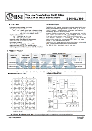 BS616LV8021AC datasheet - Very Low Power/Voltage CMOS SRAM 512K x 16 or 1M x 8 bit switchable