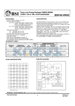 BS616LV8022 datasheet - Very Low Power/Voltage CMOS SRAM 512K x 16 or 1M x 8 bit switchable