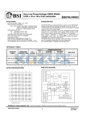 BS616LV8023 datasheet - Very Low Power/Voltage CMOS SRAM 512K x 16 or 1M x 8 bit switchable