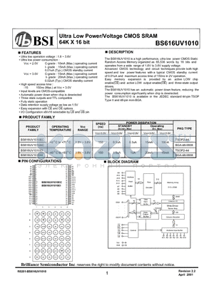 BS616UV1010 datasheet - Ultra Low Power/Voltage CMOS SRAM 64K X 16 bit