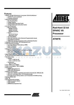 AT697E datasheet - Rad-Hard 32 bit SPARC V8 Processor