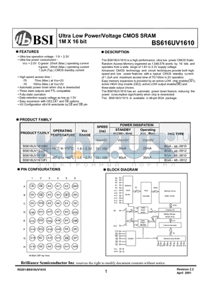 BS616UV1610 datasheet - Ultra Low Power/Voltage CMOS SRAM 1M X 16 bit