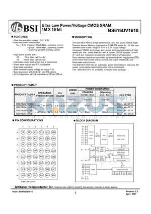 BS616UV1610BI datasheet - Ultra Low Power/Voltage CMOS SRAM 1M X 16 bit