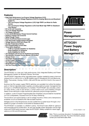 AT73C201 datasheet - POWER SUPPLY AND BATTERY MANAGEMENT IC