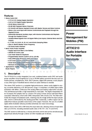 AT73C213 datasheet - Power Management for Mobiles (PM) / Audio Interface for Portable Handsets