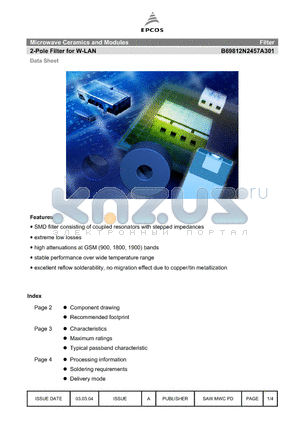 B69812N2457A301 datasheet - Microwave Ceramics and Modules 2-Pole Filter for W-LAN