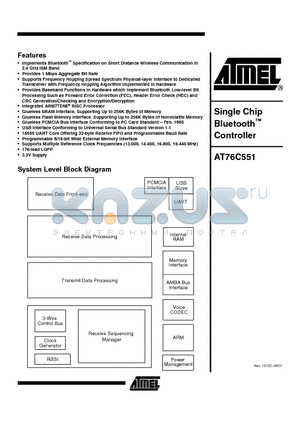 AT76C551 datasheet - Single Chip Bluetooth Controller