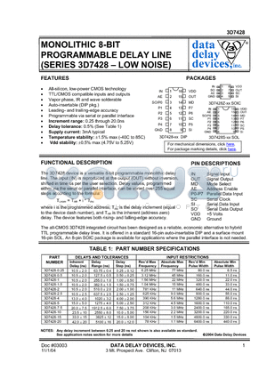 3D7428-15 datasheet - MONOLITHIC 8-BIT PROGRAMMABLE DELAY LINE