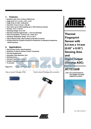 AT77C102B-CB02YV datasheet - Thermal Fingerprint Sensor with 0.4 mm x 14 mm (0.02