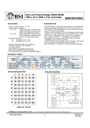 BS616UV2021 datasheet - Ultra Low Power/Voltage CMOS SRAM 128K x 16 or 256K x 8 bit switchable