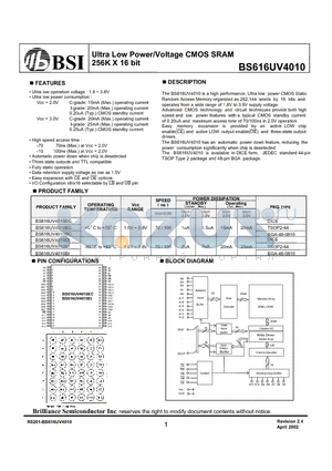 BS616UV4010DI datasheet - Ultra Low Power/Voltage CMOS SRAM 256K X 16 bit