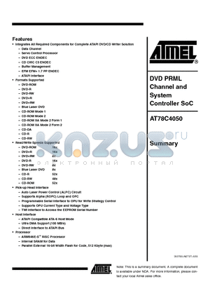 AT78C4050 datasheet - DVD PRML Channel and System Controller SoC