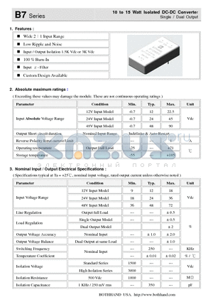 B7-1205S15 datasheet - 10 to 15 Watt Isolated DC-DC Converter Single / Dual Output