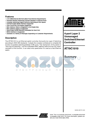 AT79C1010 datasheet - 4-port Layer 2 Unmanaged Switched Ethernet Controller