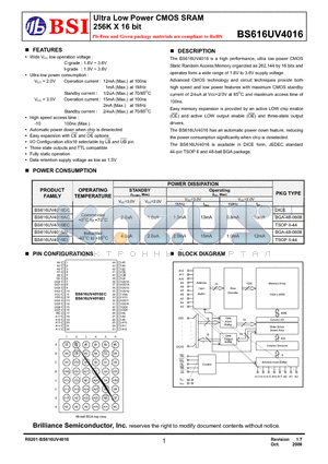 BS616UV4016DCG10 datasheet - Ultra Low Power CMOS SRAM 256K X 16 bit