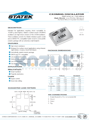 CXOMHG datasheet - High Shock, Low Profile, Miniature Surface Mount Crystal Oscillator