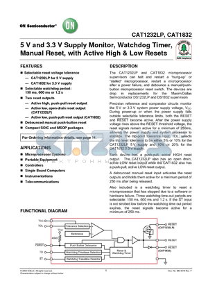 CAT1832 datasheet - 5 V and 3.3 V Supply Monitor, Watchdog Timer, Manual Reset, with Active High & Low Resets