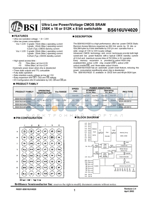 BS616UV4020 datasheet - Ultra Low Power/Voltage CMOS SRAM 256K x 16 or 512K x 8 bit switchable
