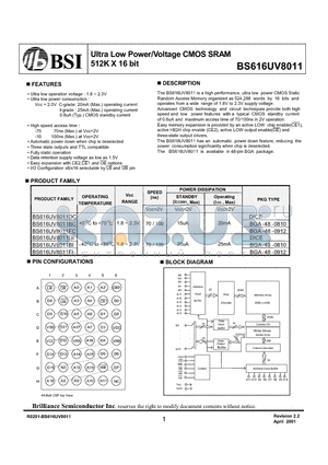 BS616UV8011BC datasheet - Ultra Low Power/Voltage CMOS SRAM 512K X 16 bit