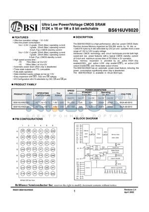 BS616UV8020 datasheet - Ultra Low Power/Voltage CMOS SRAM 512K x 16 or 1M x 8 bit switchable