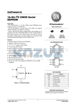 CAT24AA16WI-T10 datasheet - 16-Kb I2C CMOS Serial EEPROM